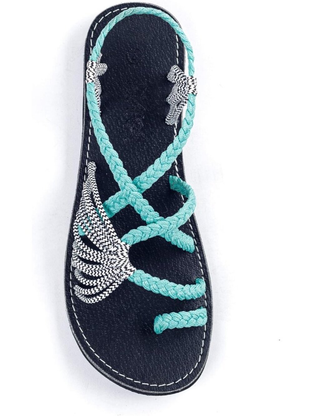 Women Turquoise Blue Comfortable Palm Leaf Herringbone Slip On Flat Sandal Shoes